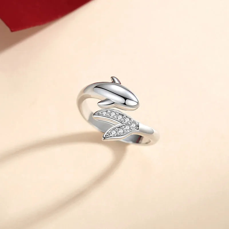 Simple copper couple ring set with diamond inlay and dolphin design, adjustable opening for men and women