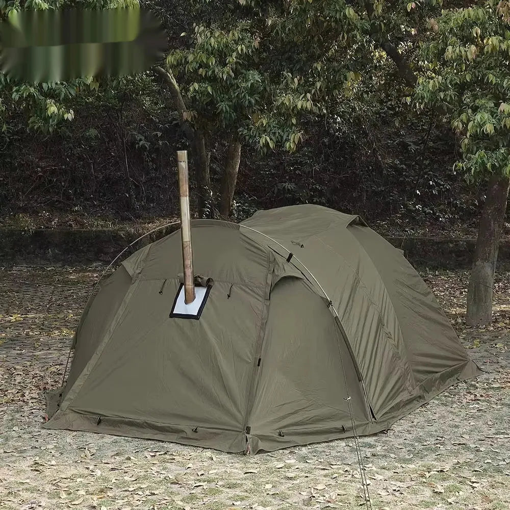 Double occupancy four-season tunnel tent with dome extension, olive green, pitched on grass with external and internal tents visible