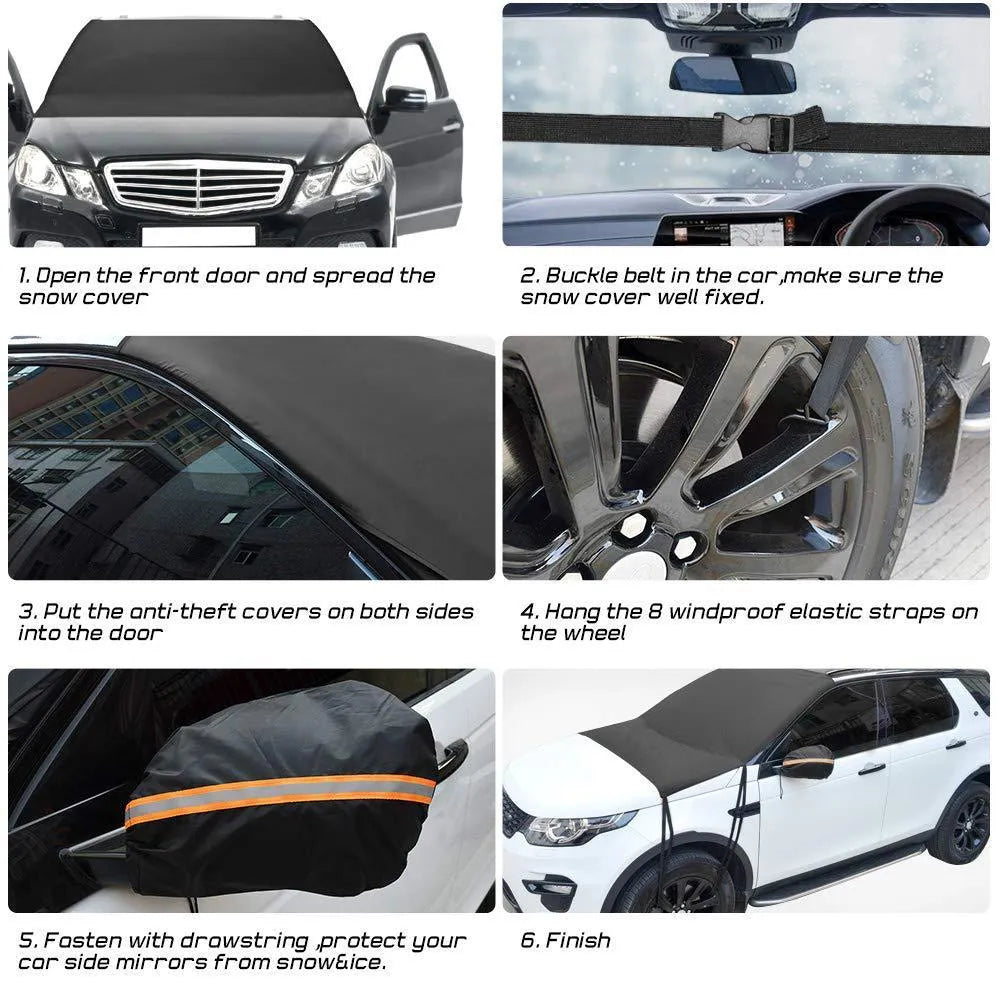 Black car windshield front snow shield cover with six elastic bands and hooks, on a car