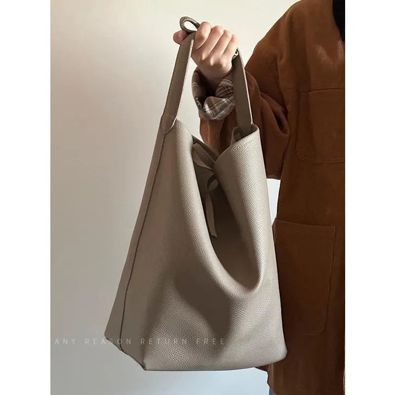 Large capacity black PU bucket shoulder tote bag with sewing thread detail