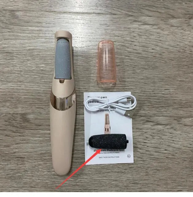 Electric foot grinder in white or pink with two grinding heads and USB cable, ABS body, 19.2cm bare size