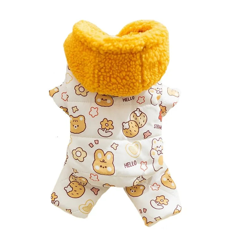Yellow quilted cotton four-legged dog coat with sherpa hood and animal prints on a small dog