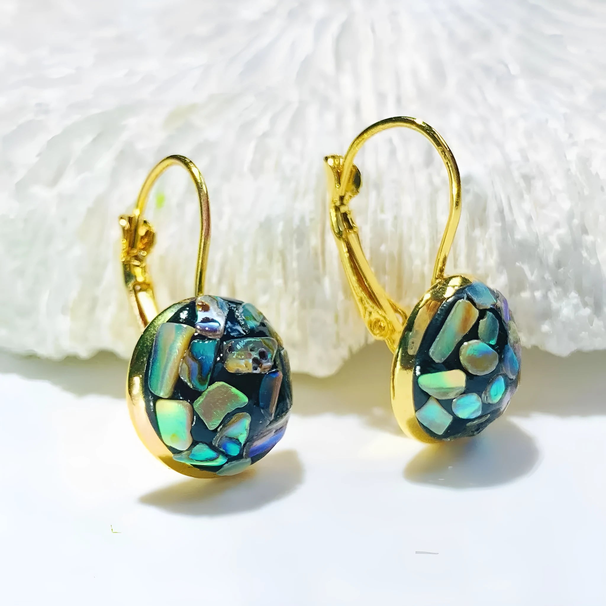 Handmade mother-of-pearl earrings with Chinese character Fu, Chanel style, clip-on design for women
