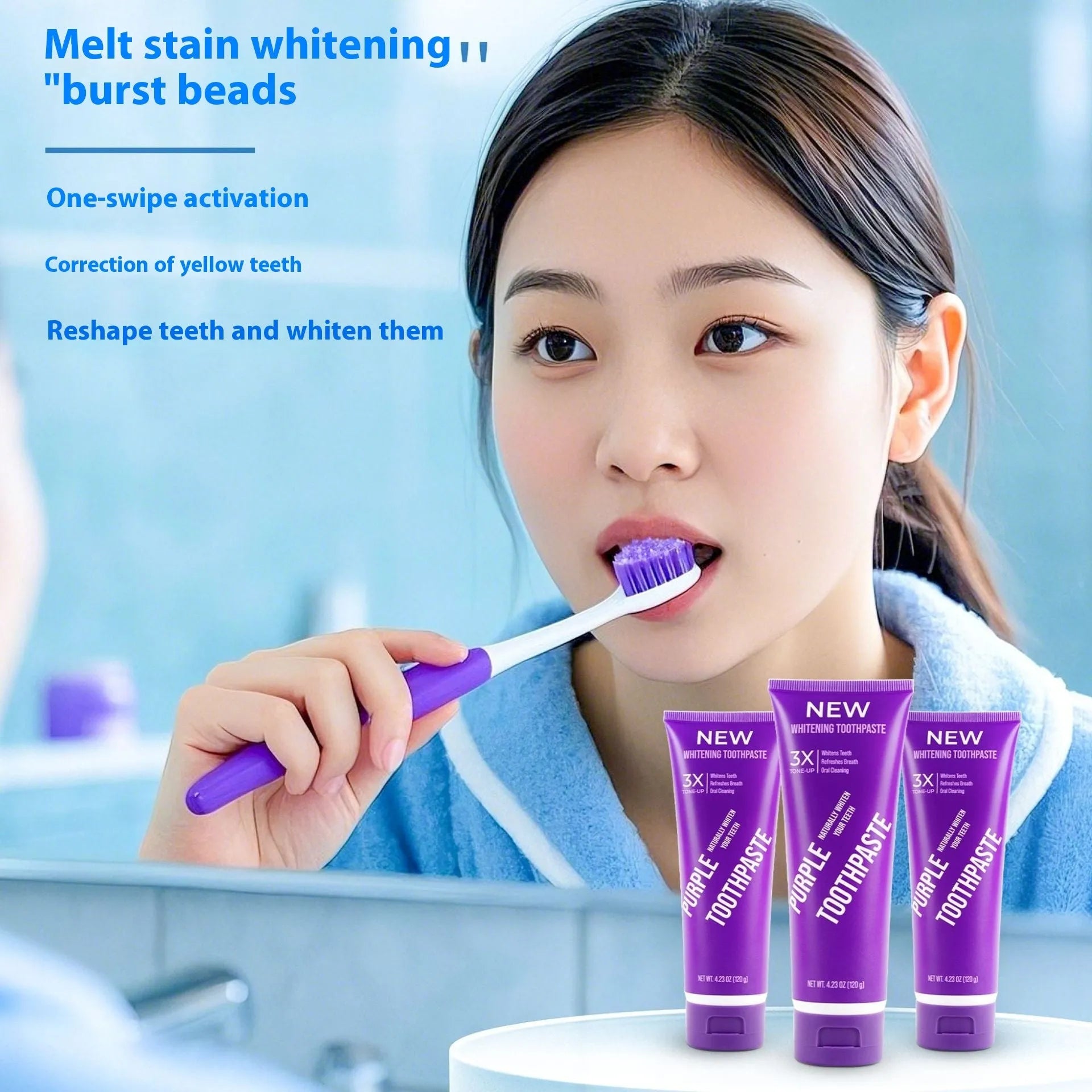 Purple whitening toothpaste tube for adults in 120g and 65g sizes with fluoride formula