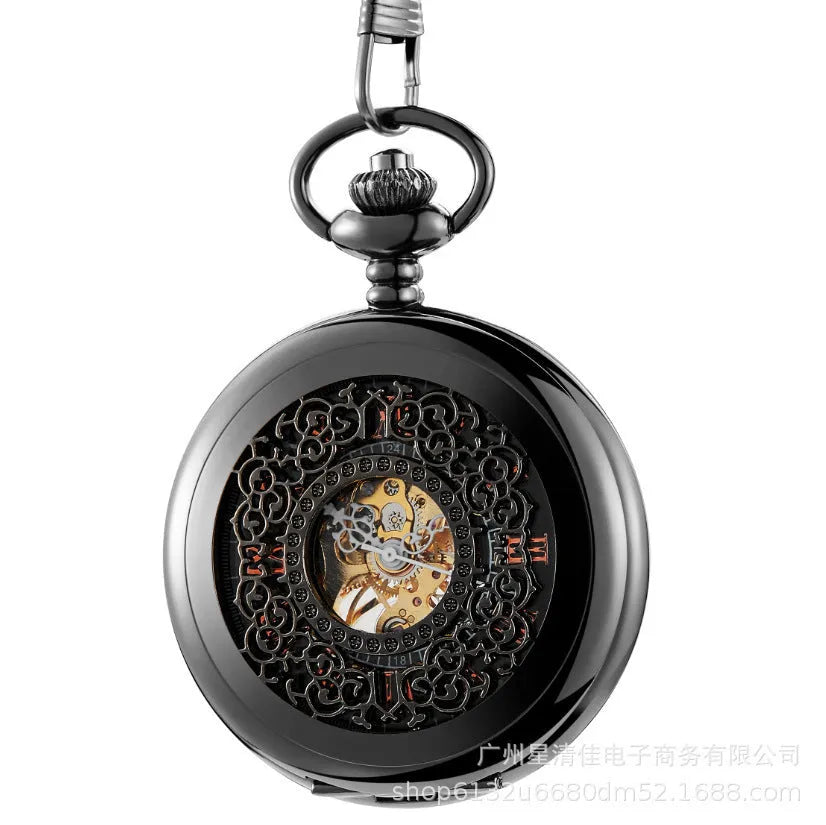 Retro mechanical pocket watch with hollow floral dial and transparent case back showing internal mechanism
