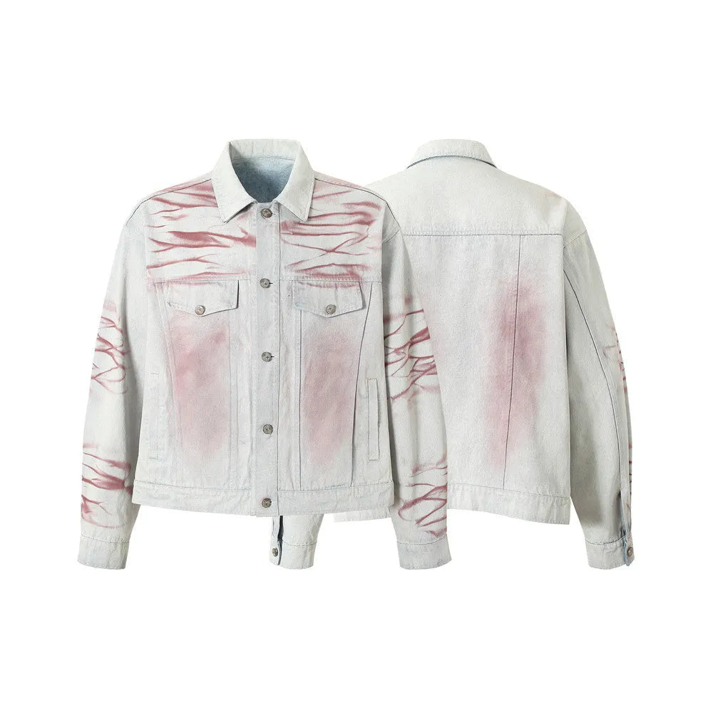 Blue inkjet tie-dyed loose-fit denim jacket for men with long sleeves and straight hem