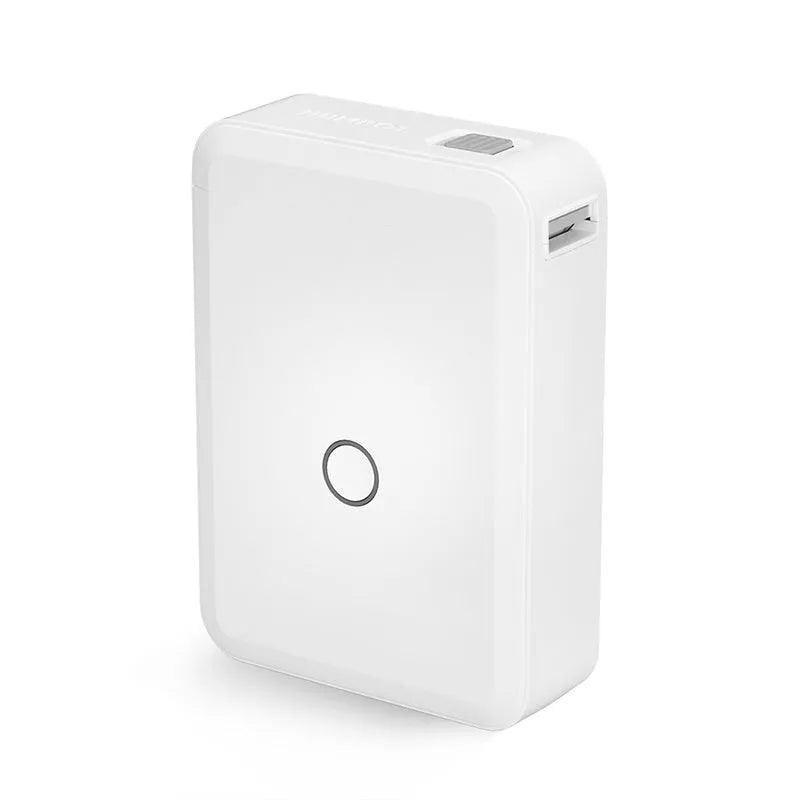 D110 white thermal label printer with Bluetooth, compact size, 1200mAh battery