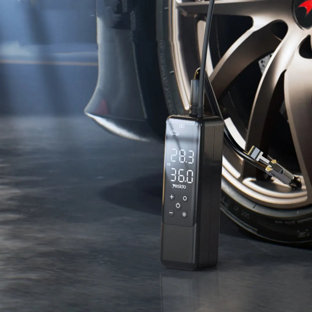 Portable 12V car tyre inflator black VC05 with LED light and pressure gauge for high power inflation