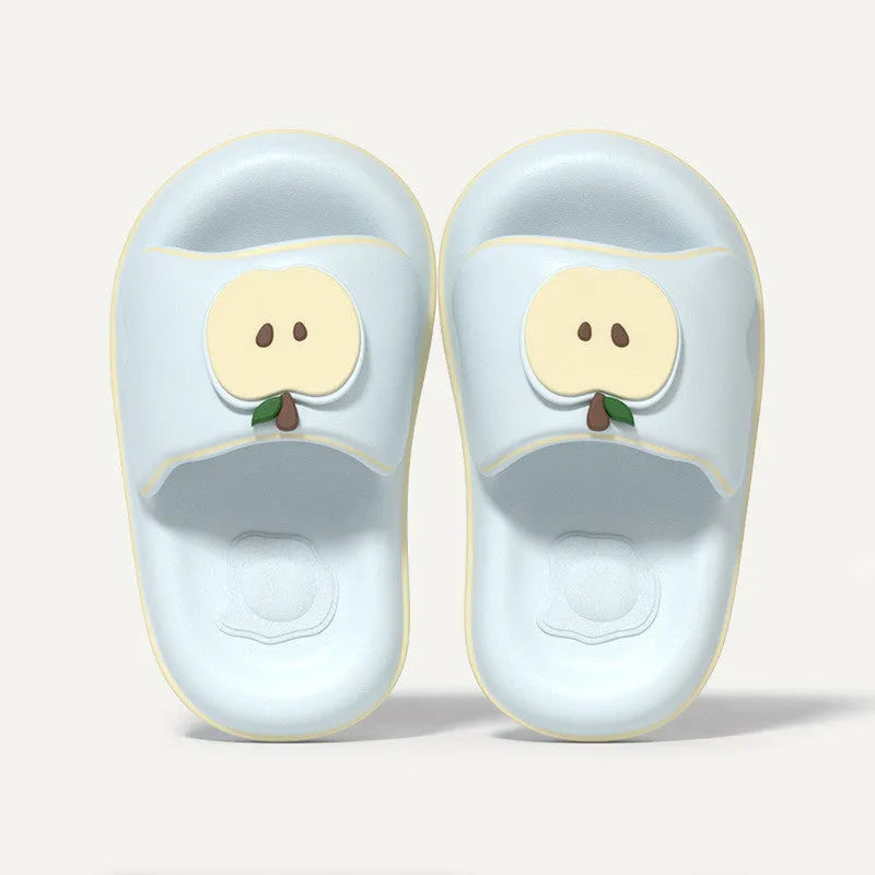 Cute cartoon flip flops for men and women in red, blue, cyan, pink made from EVA material, side view
