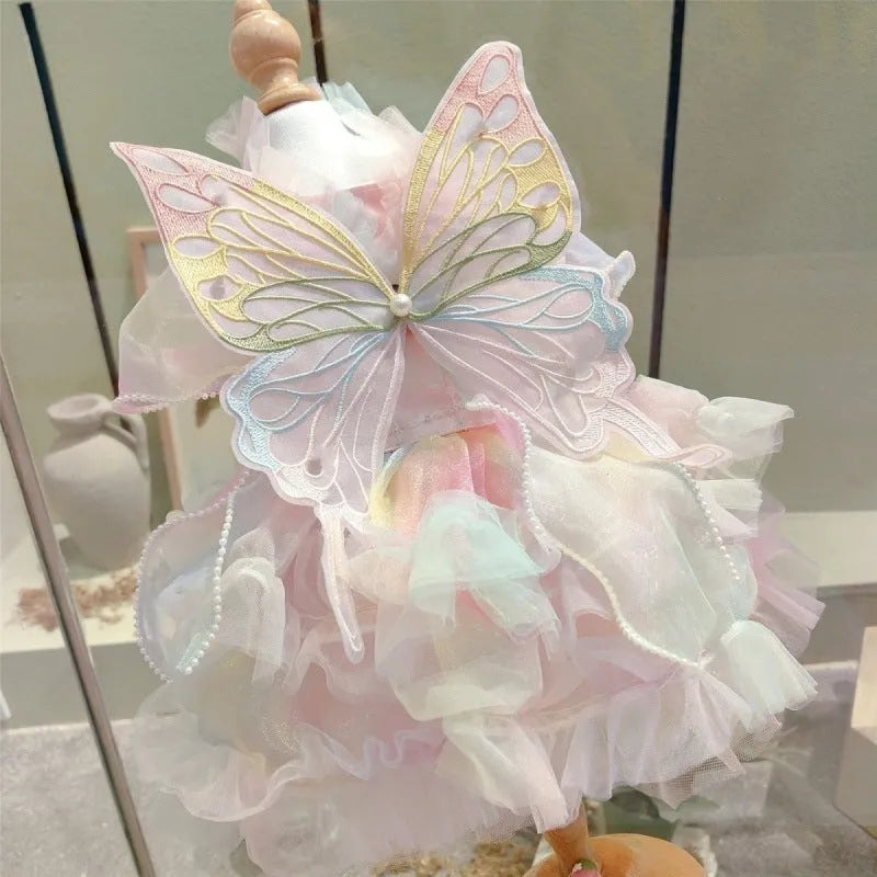 Girls fashion butterfly wings dress in polar fleece with rainbow fairy skirt for small dogs