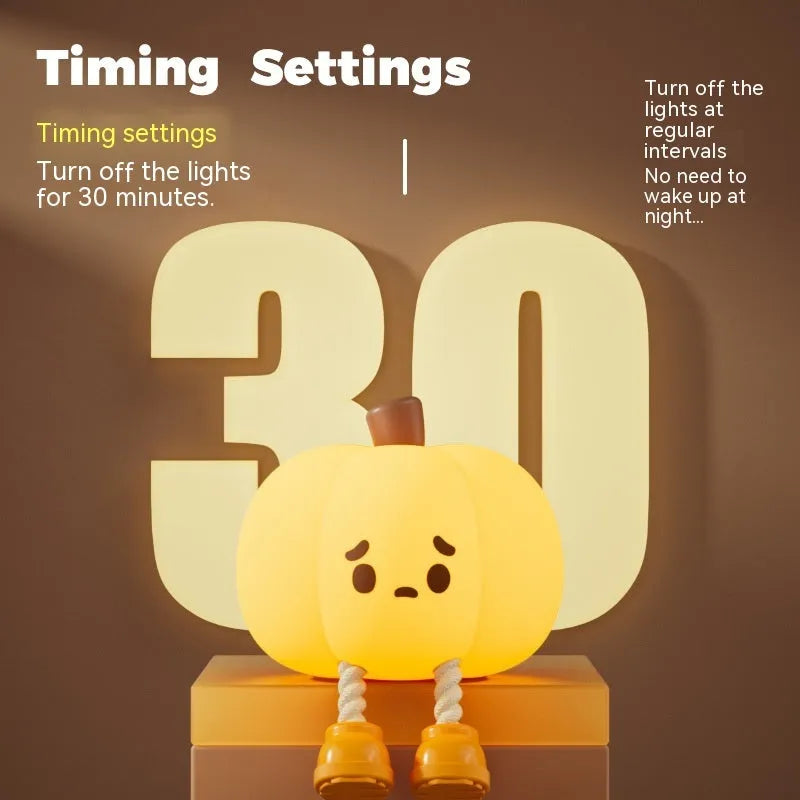 Soft silicone pumpkin-shaped night light with orange colour and touch dimming controls
