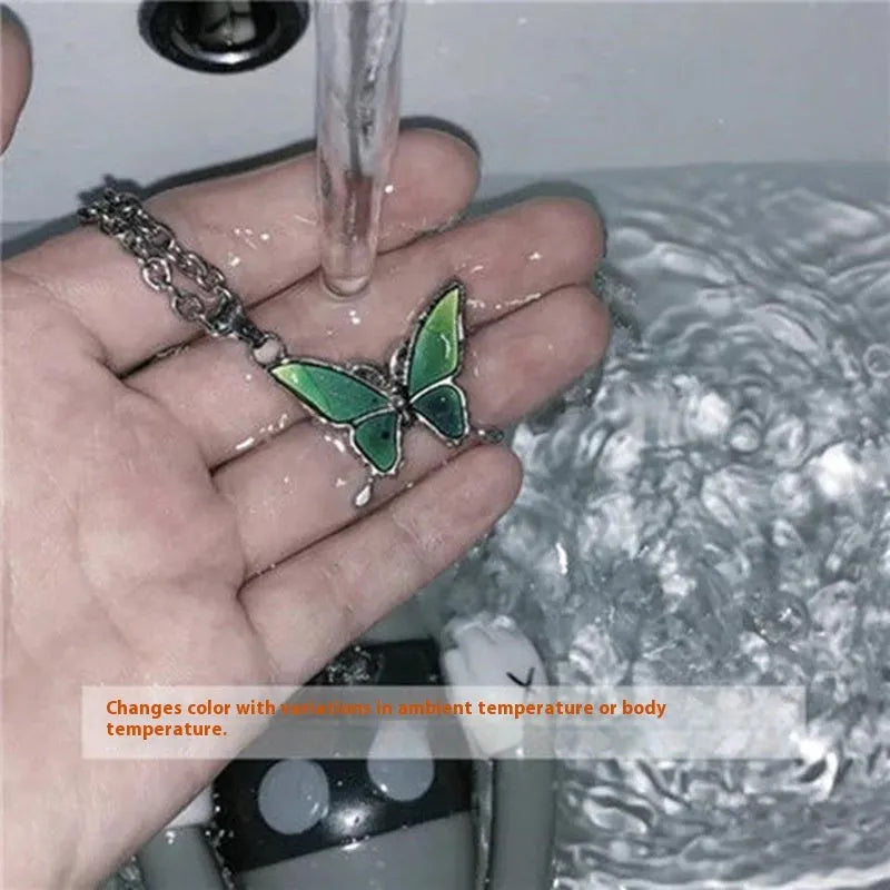 Retro colour-changing butterfly pendant on alloy O-ring chain
