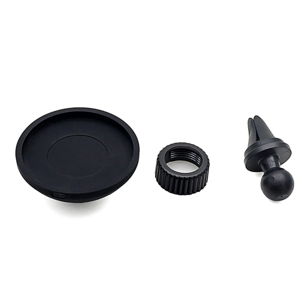 Black plastic magnetic car phone holder with snap-in mount for air vent or dashboard installation