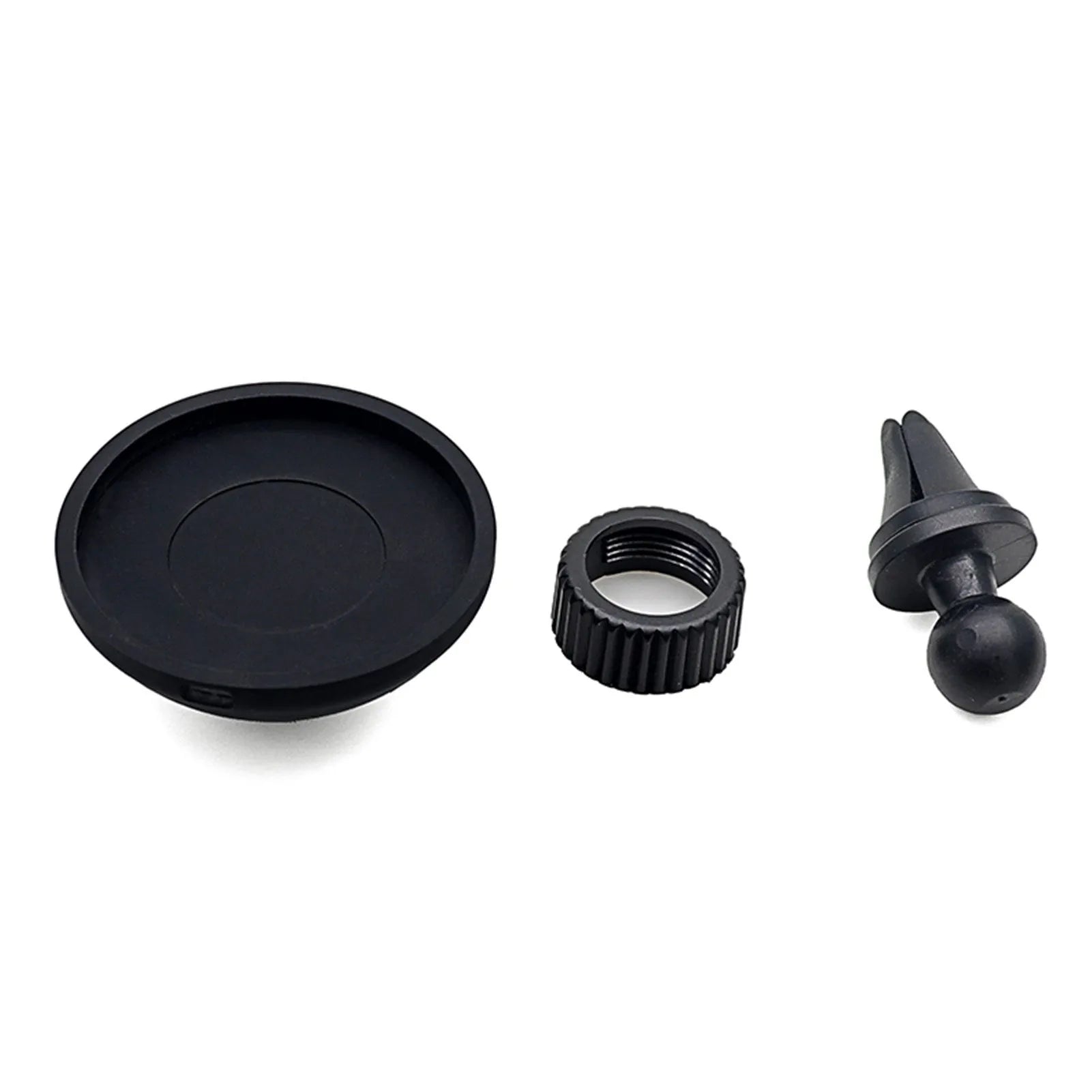 Black plastic magnetic car phone holder with snap-in mount for air vent or dashboard installation