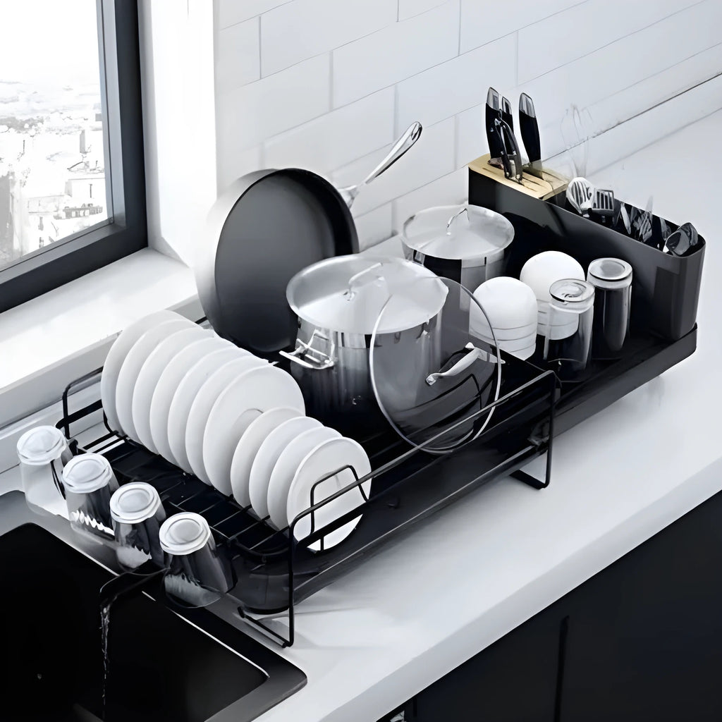 Modern foldable carbon steel kitchen drain rack for cutlery and cups on a draining board