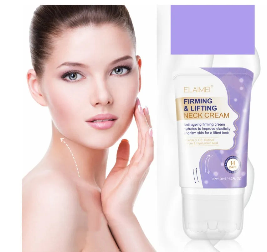 Purple bottle of anti-aging neck cream with multi-ball massage roller on neck