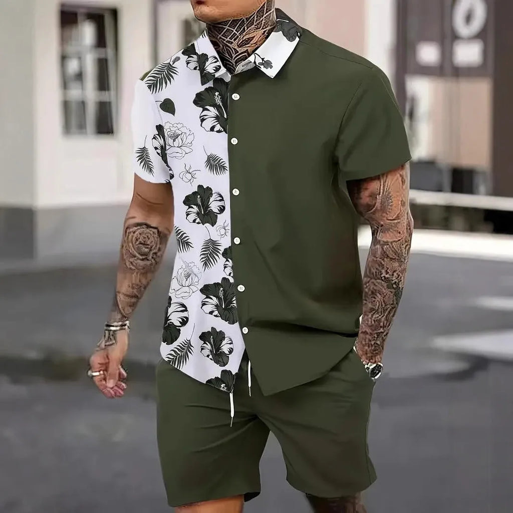 Men's 3D printed Hawaiian short sleeve suit set with matching top and shorts on a model.