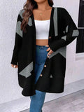 Black loose fit plus size cardigan coat with button stitching and regular sleeves