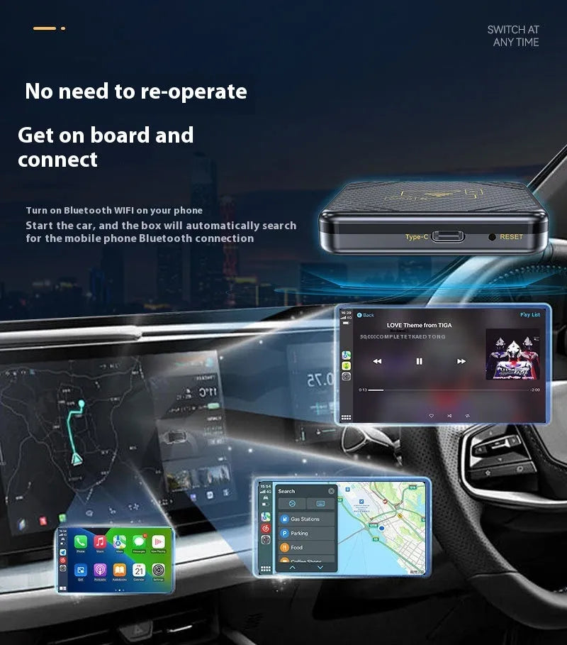CarPlay to wireless adapter box for Android Auto with USB connection in gold and white colours