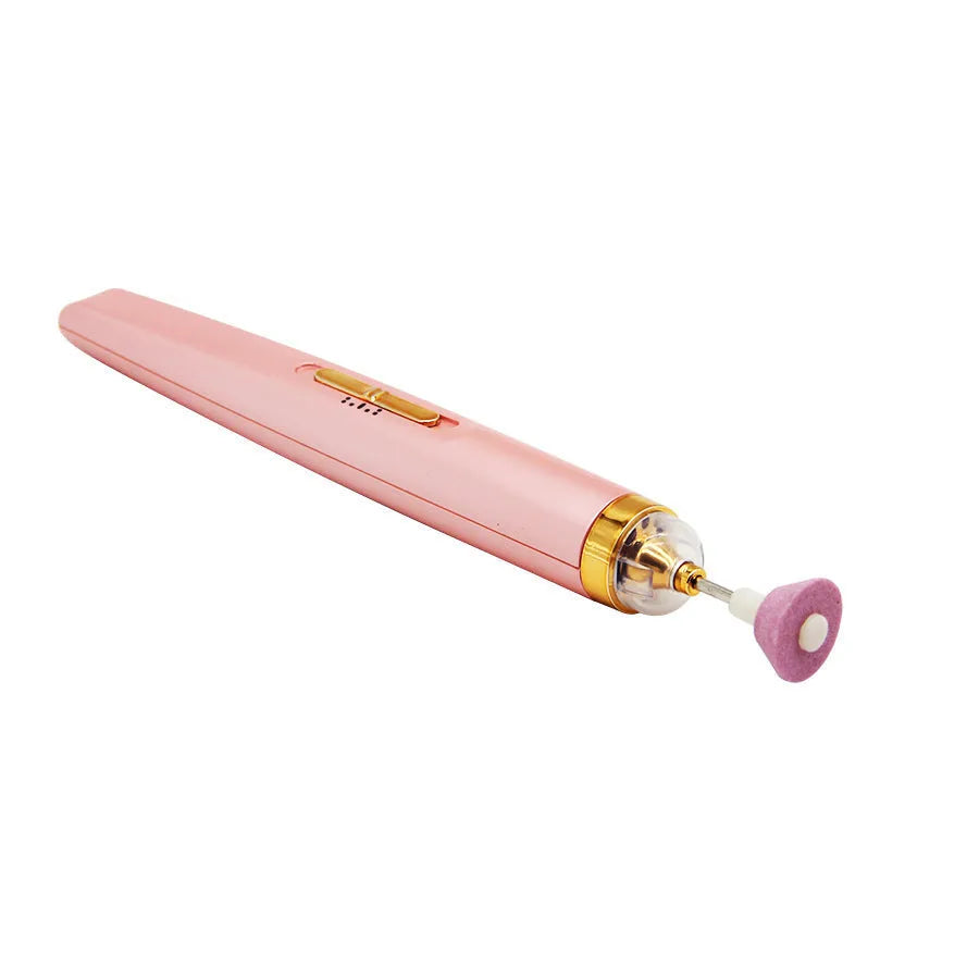 5in1 cordless USB electric nail drill set with LED light, five abrasive heads, and rechargeable battery in pink