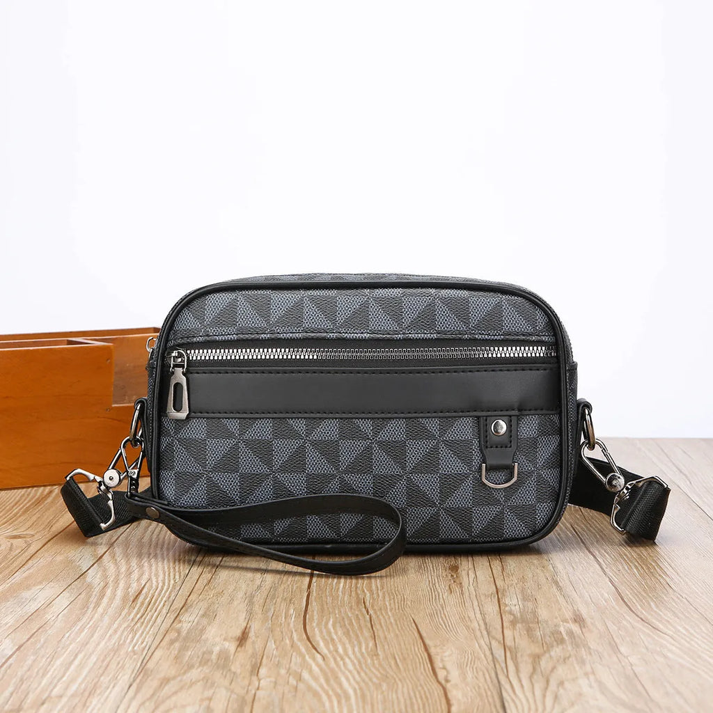 Men casual shoulder messenger bag horizontal large capacity PU geometric pattern in black colourway