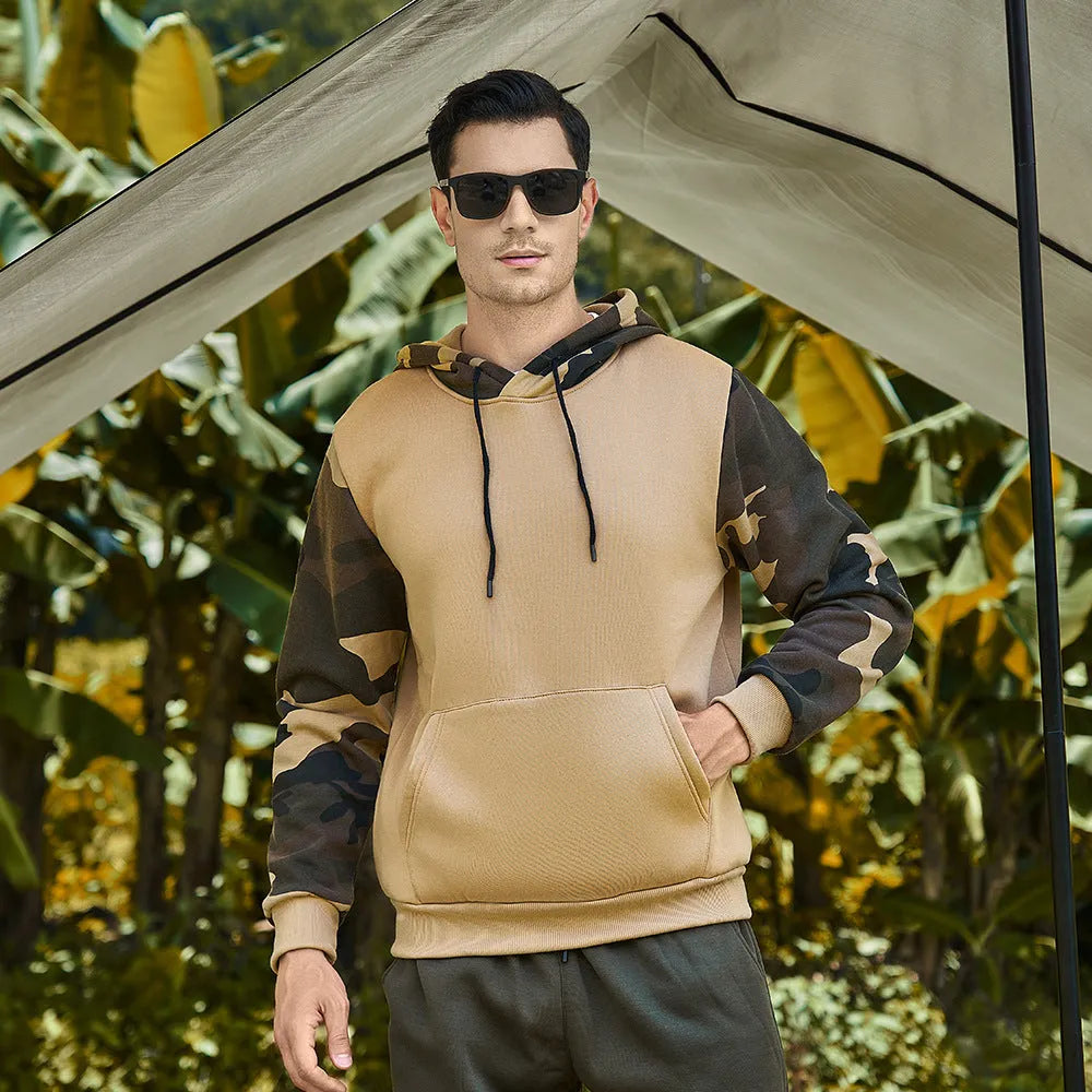 Men's casual hooded sweater in camouflage colour block polyester, available in Army Green, Black, and Khaki.