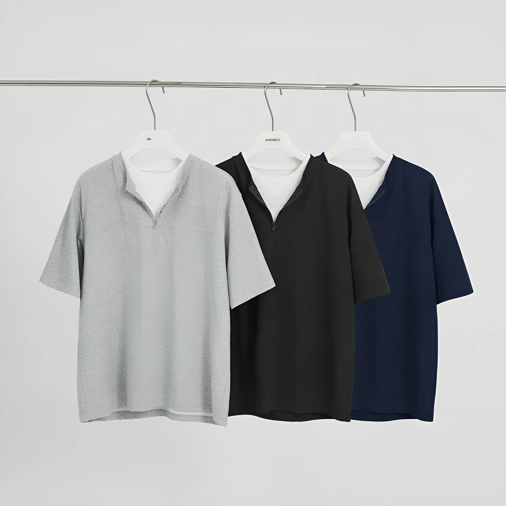 Loose fit zip false two-piece patchwork top in solid colour cotton blend fabric