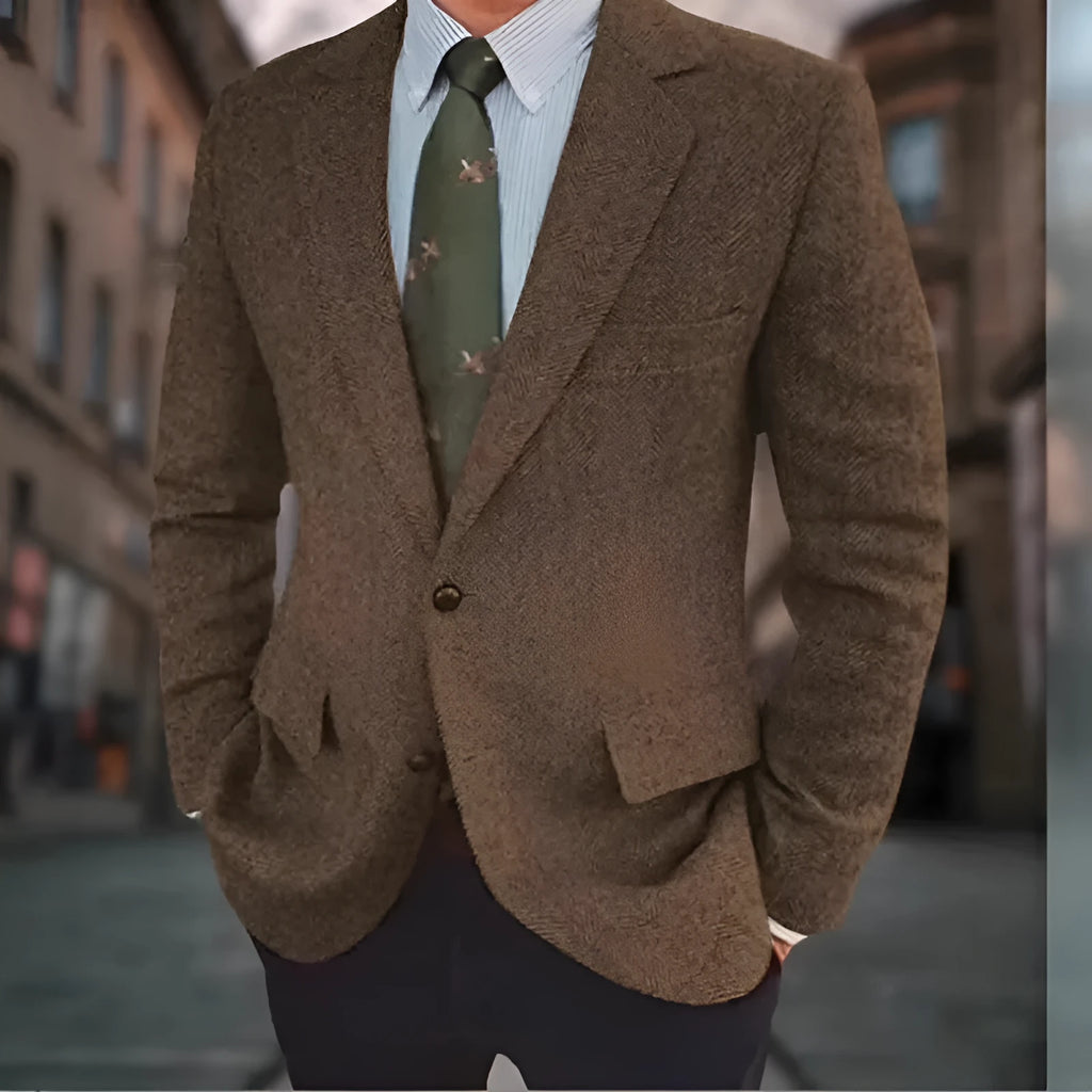 Men's brown herringbone pattern suit jacket with long sleeves and a flax lining.