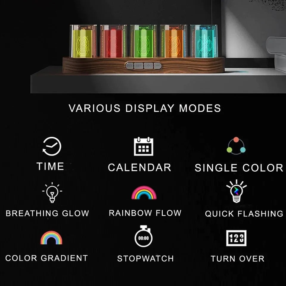 RGB Luminotron LED digital clock showing colourful display on desk
