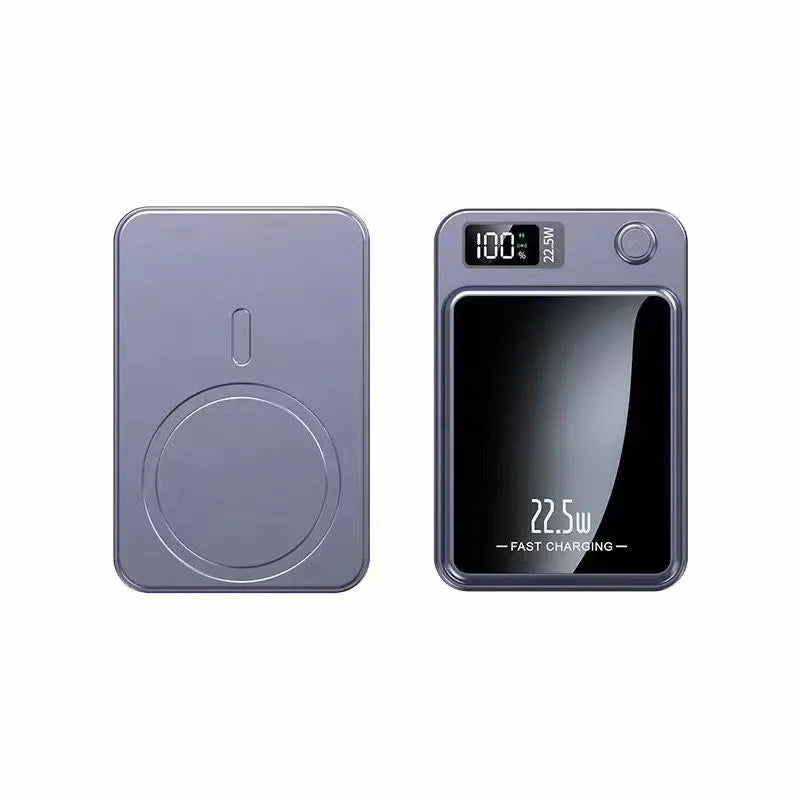 Magnetic wireless super fast power bank plastic shell 98x64x15mm in black colour on white background