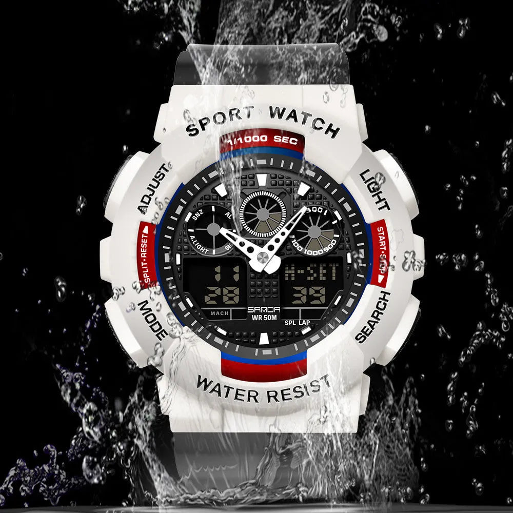 Women's multifunctional waterproof sports digital watch with resin case and stainless steel, available in multiple colours