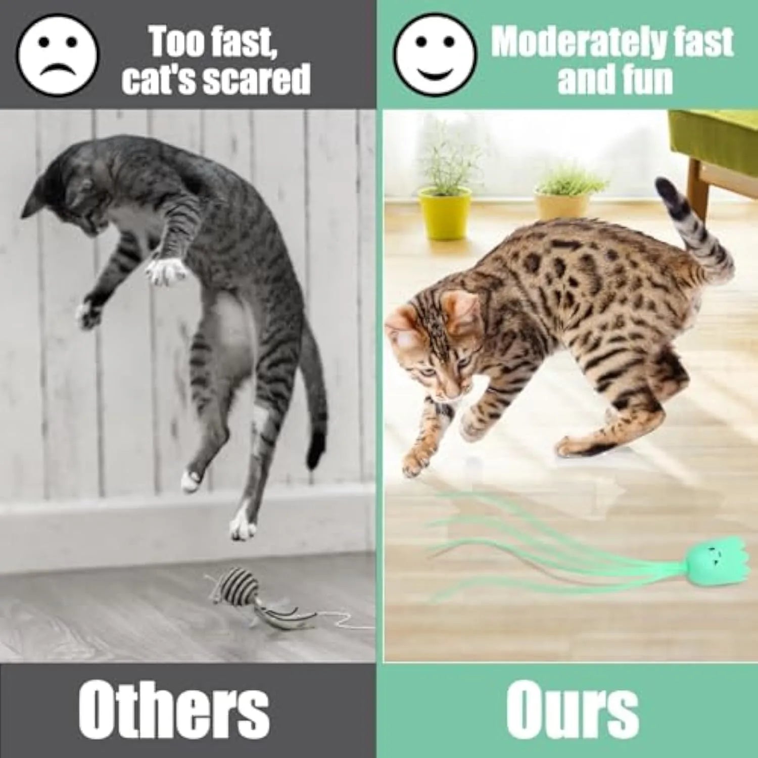 Green automatic cat wand toy with swinging silicone tails on a wooden floor.