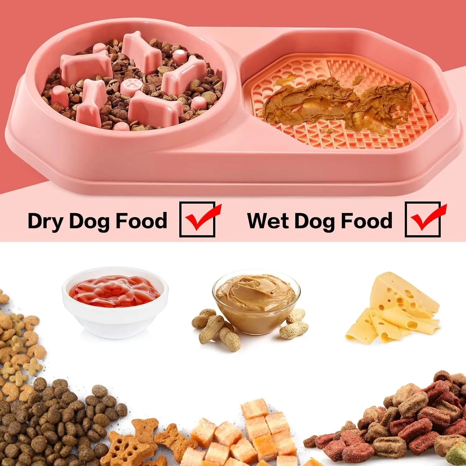 Blue green pink or yellow slow feeder dog bowl with puzzle channels and non-slip base