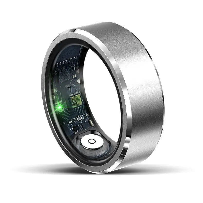 Smart ring with heart rate and sleep tracking, waterproof to 30 metres, stainless steel band, available in pink gold and silver