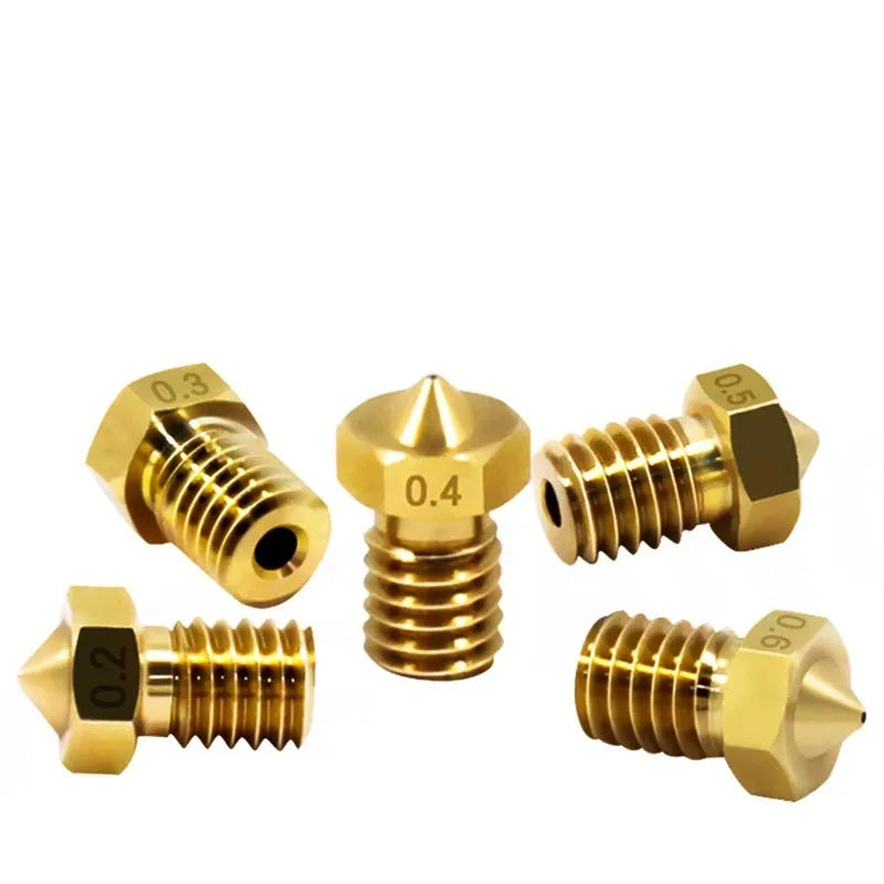 Brass 3D printer nozzle with M6 thread and multiple aperture size options from 0.2mm to 1.0mm.