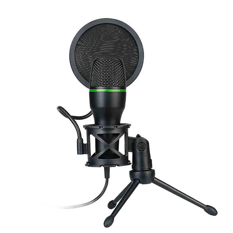 Black USB condenser microphone on tripod stand with anti-spray net for home computer writing