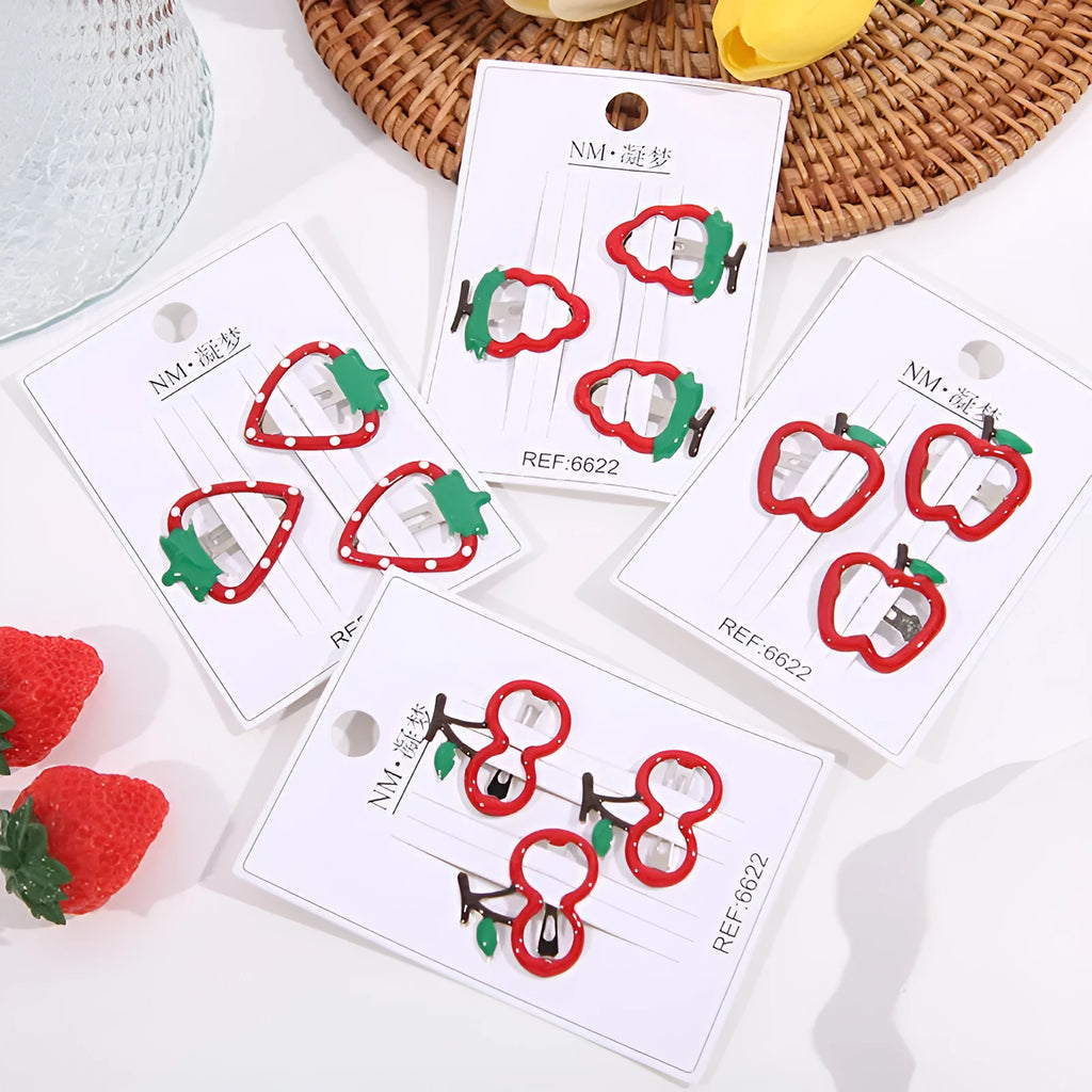 Children's cartoon fruit hairpin set with apple, cherry, and strawberry plastic barrettes