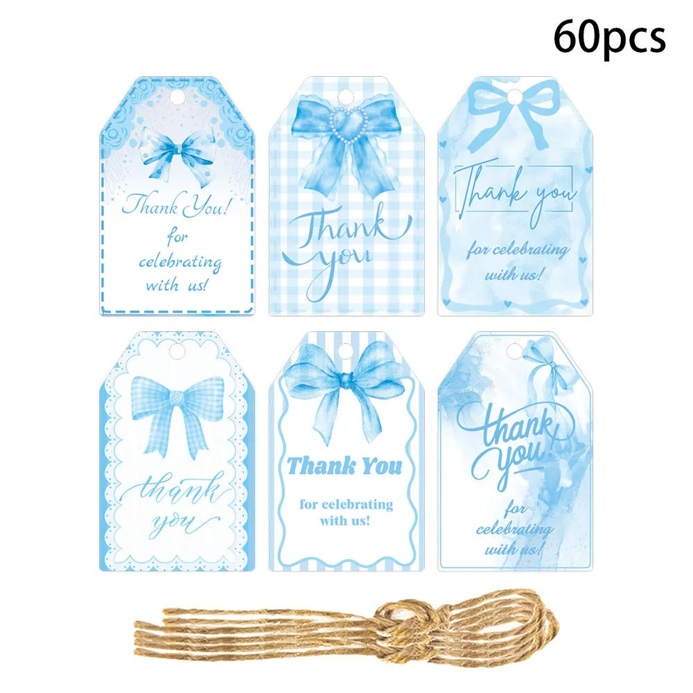 Birthday party gift label tags set with bowknot designs and hemp rope ties