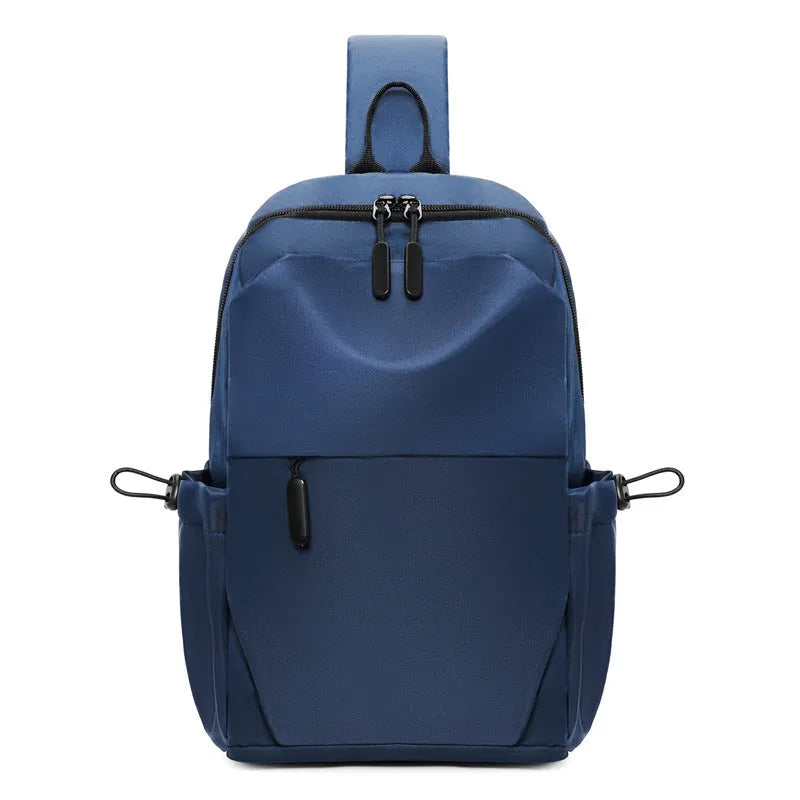 Men's grey waterproof chest bag showing front compartment and shoulder strap