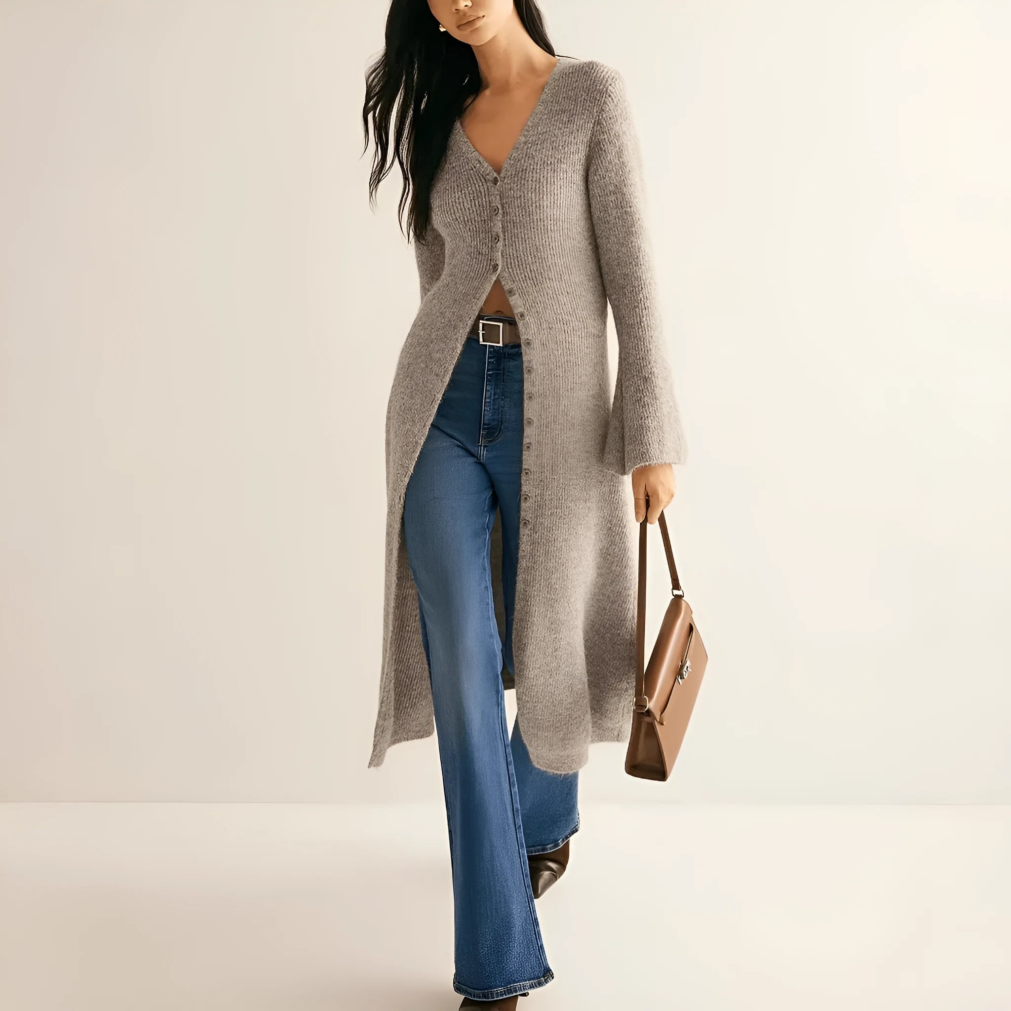 Khaki French style retro long sleeve coat cardigan with button front on display for commute and daily wear
