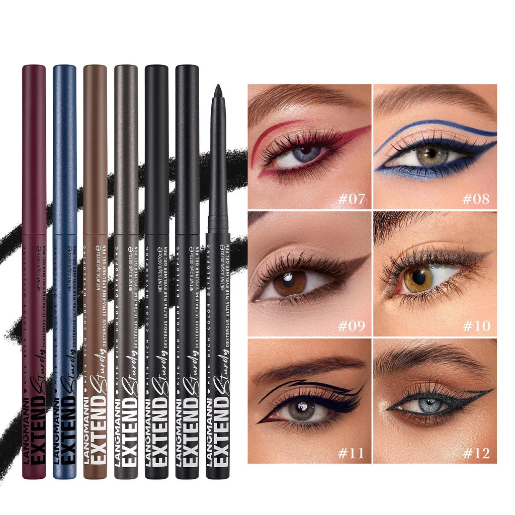 Set of 12 colourful gel glitter eyeliner pencils with various finishes including matte and glitter effects