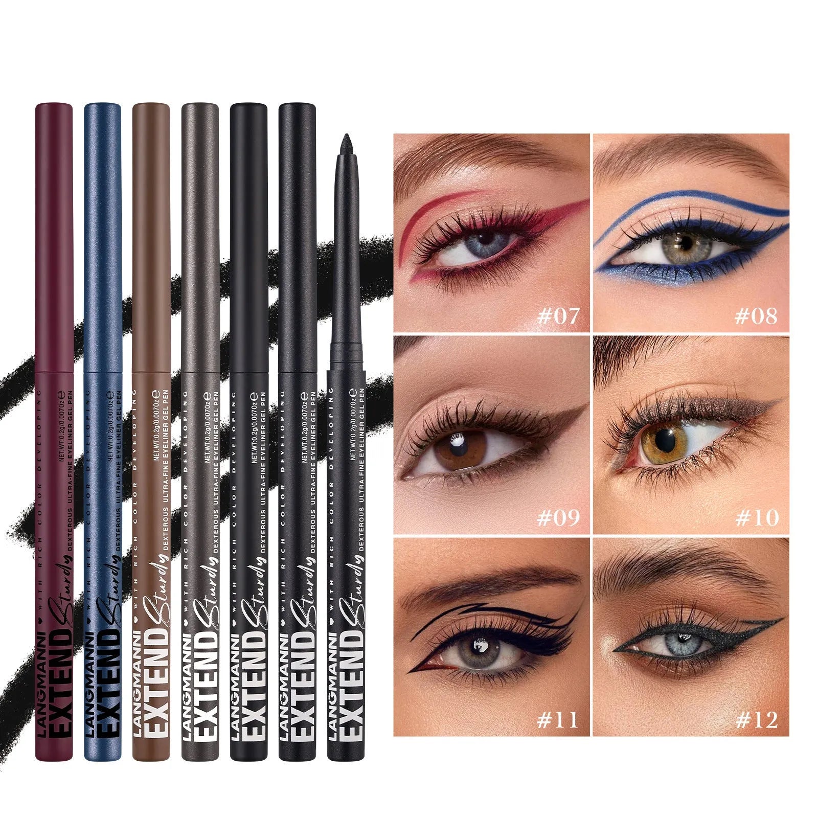 Set of 12 colourful gel glitter eyeliner pencils with various finishes including matte and glitter effects