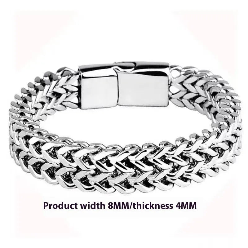 Silver titanium steel geometric hip hop bracelet shown in 4x8mm and 5x10mm style sizes.