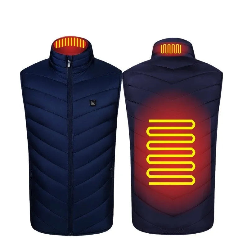 USB rechargeable heated vest with smart heating zones, polyester fibre fabric, stand-up collar, black colour