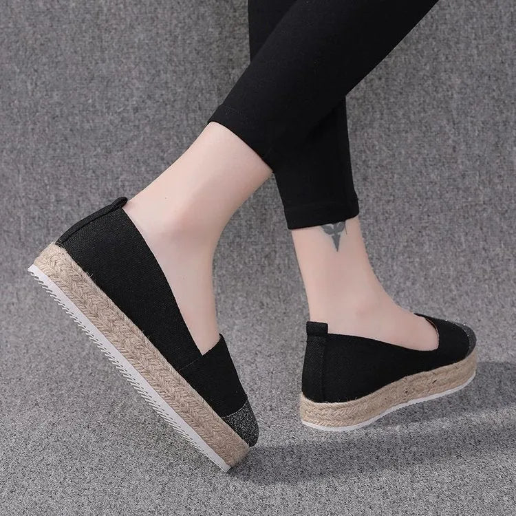 Plus size canvas flat shoes in Black colour with round toe and lace-up design