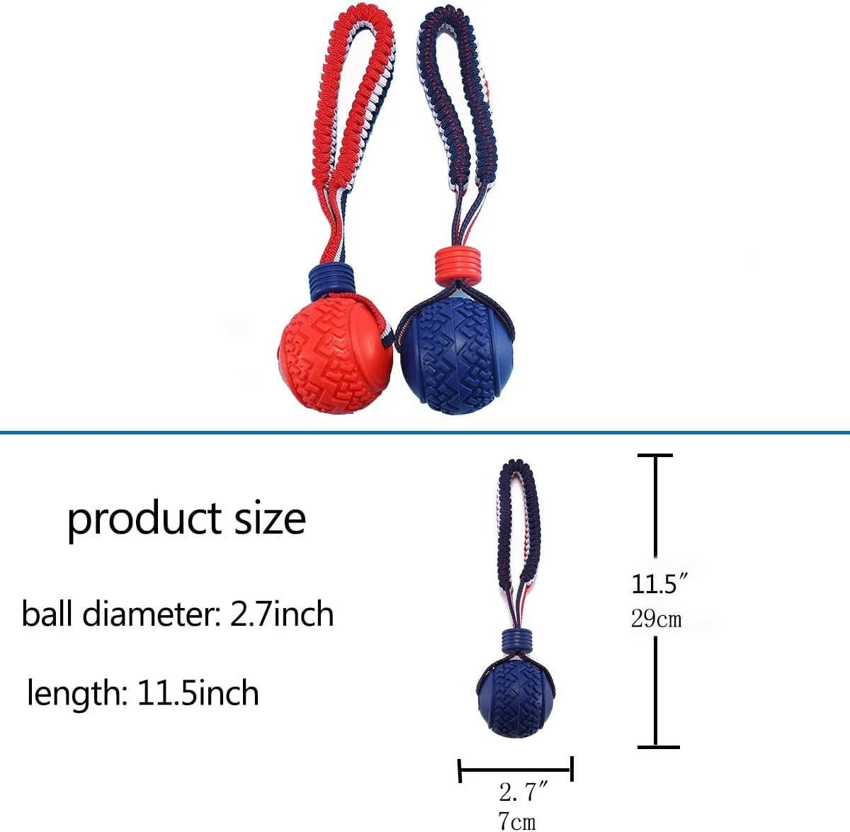 Blue and red natural rubber dog ball with attached rope for tug-of-war and teeth cleaning