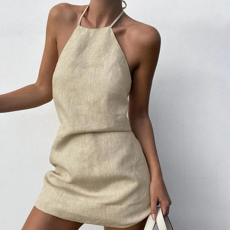 Women's summer cotton linen dress solid colour A-line dress front view