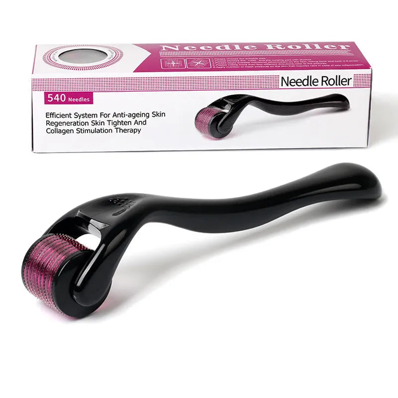 Black and purple titanium derma roller with 540 microneedles for face, hair, beard, and body.