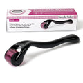 Black and purple titanium derma roller with 540 microneedles for face, hair, beard, and body.