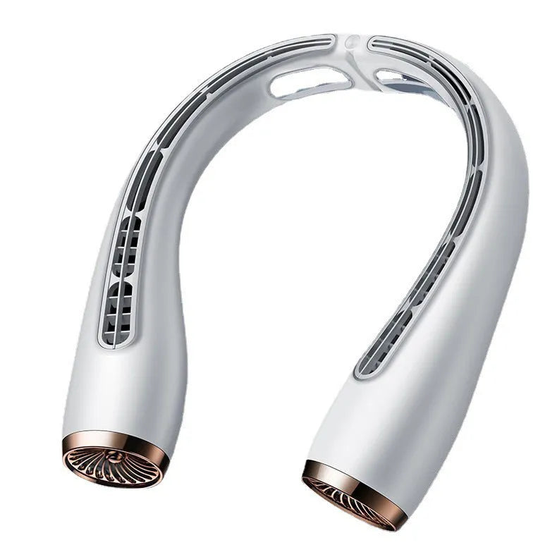 Bladeless neck fan with refrigeration and 4000mAh battery shown in blue, lightweight design for hands-free use